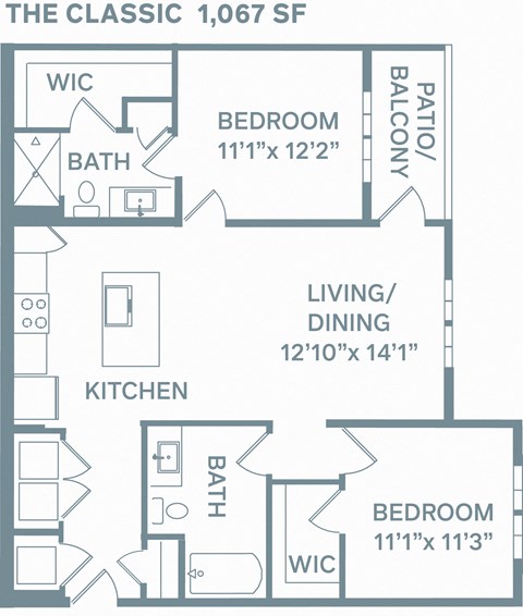 Floor plan for 2 beds, 2 baths, 1067 sqft